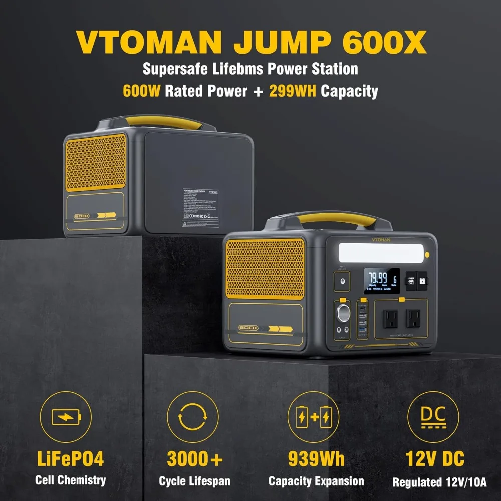 VTOMAN Jump 600X 600W Generador solar portátil con batería LiFePO4 de 299Wh y salida de onda sinusoidal pura