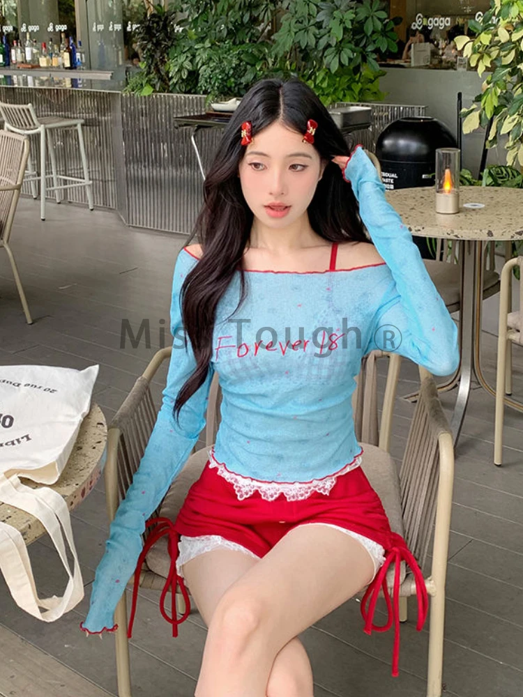 Aesthetic Sexy Thin Off Shoulder Lace Set Women Y2k Chic Slim Print Long Sleeve Sling Suit Female + High Waist Solid Short Pants