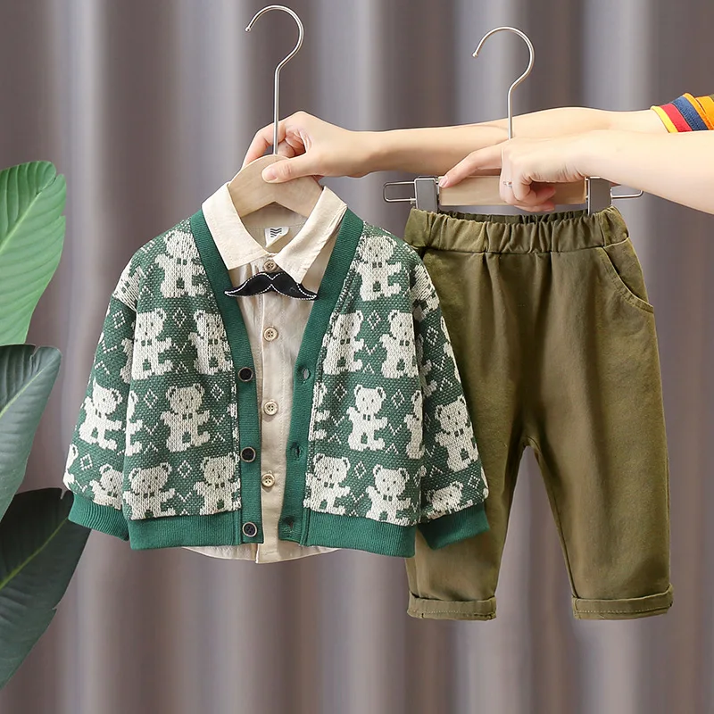 Spring Autumn Baby Boy Clothes Sets 1-5Y Casual Kids Bear Knit Cardigan Outwear+Shirts +Pants 3PCS Suit Fashion Children Outfits