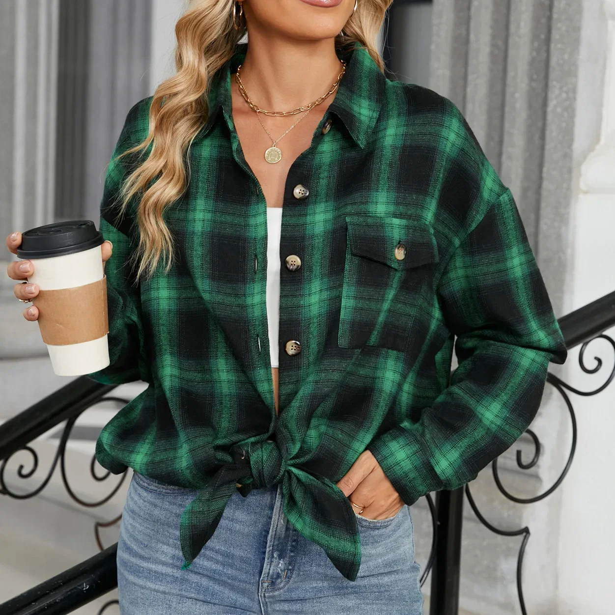 Mandylandy Oversize BF Style Shirt Tops Women Fashion Plaid Shirt Brushed Long Sleeve Shirt Coats Loose Pockets Outwear Shirts