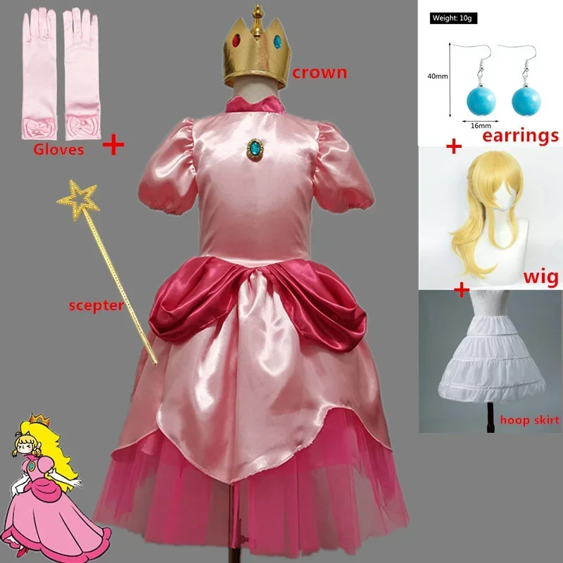 Carnival Cosplay Baby Girls Party Christmas Super Brother Costumes Halloween Pink Princess Peach Dress With Crown MN3