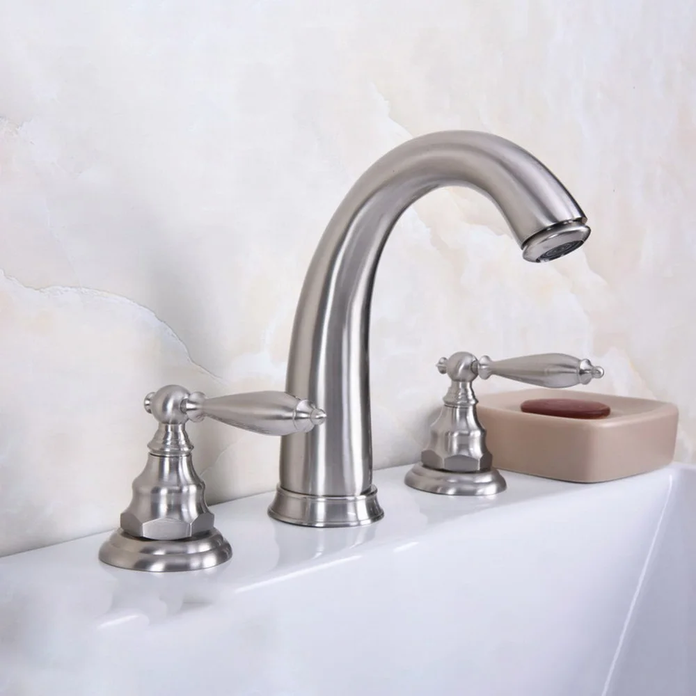 

Brushed Nickel Bathroom Faucet 3 Hole Double Handle Brass Basin Sink Mixer Tap Widespread Bathroom Basin Faucet zbn015