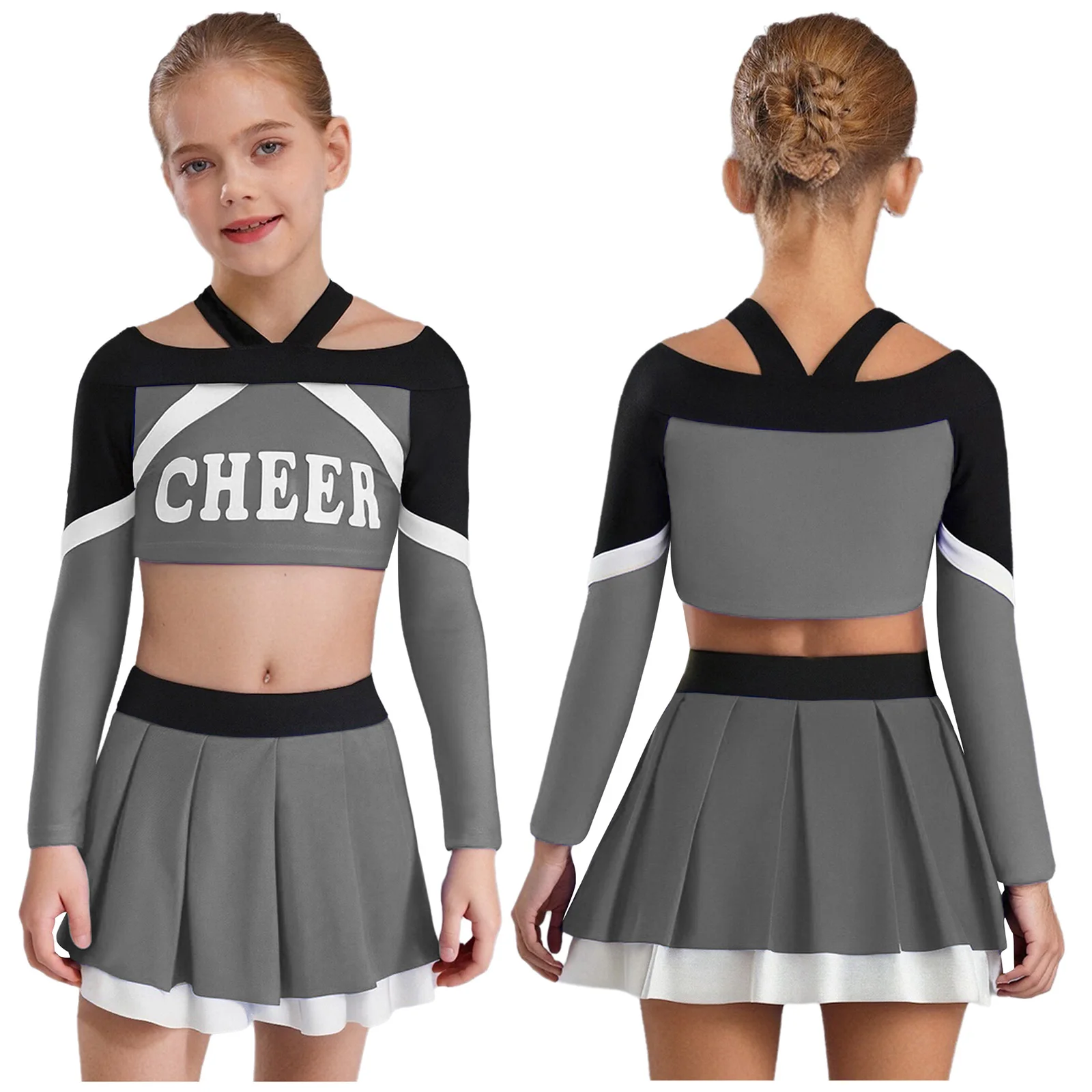 

School Girls Cheerleading Dance Outfit Modern Dance Performance Set Long Sleeve Crop Top+Pleated Skirt Outfit for Birthday Party
