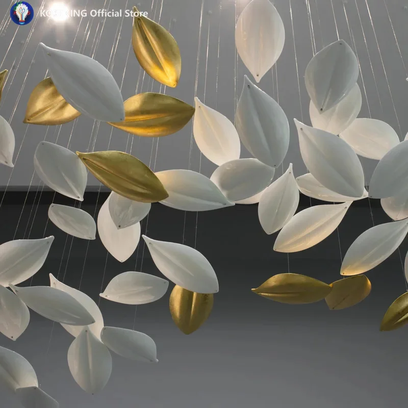 Modern Design Ceramic Petal Decorative Art Pendant White Gold Suspension Lightings for Stairs Lobby
