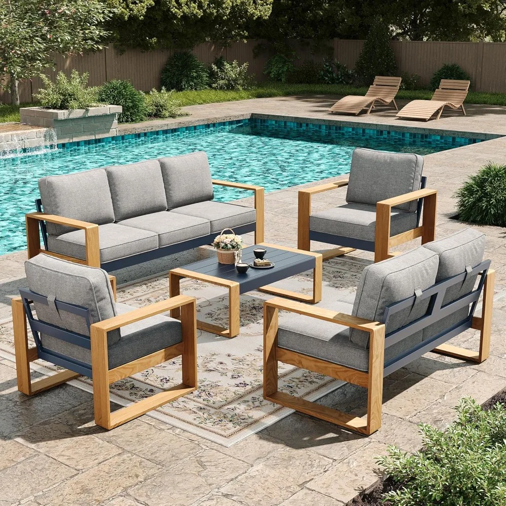 

5 Pieces Aluminum Patio Furniture Set with Coffee Table, Oversized Seat with Hight Back, Outdoor Conversation Sets for Porch,
