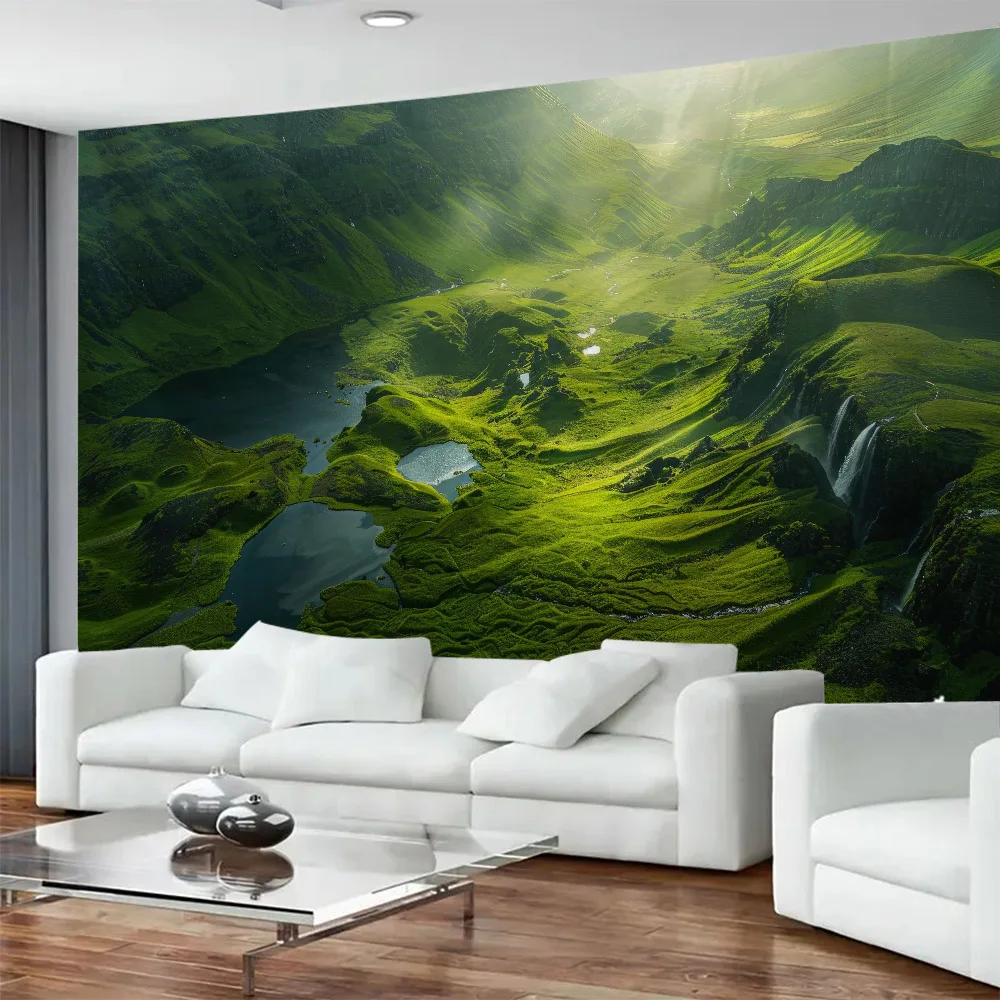 Green mountain and river tapestry wall hanging, Bohemian hippie background poster, home art decoration fabric mural, bed sheets