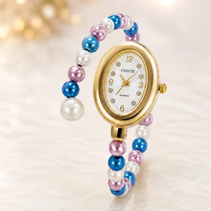 Luxury Oval Ladies Quartz Watch Fashion Colorful Pearl Band Rhinestone Dial Women Watch Elegant Dress Female Watch Clock Gift