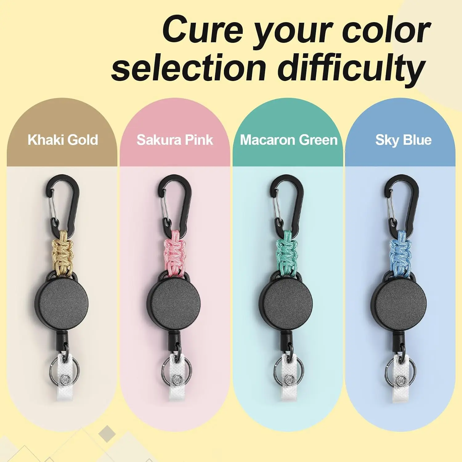 4-Pack Heavy-Duty Retractable Keychains, Carabiner Clips, Steel Wire Cords, Key Rings & Clear ID Badge Straps, Assorted Colors