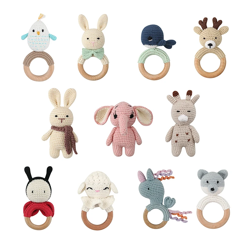 1Pc Wooden Crochet Bunny Rattle Toy Wood Ring Baby Teether Rodent Baby Gym Mobile Rattles Custom Name Educational Toys