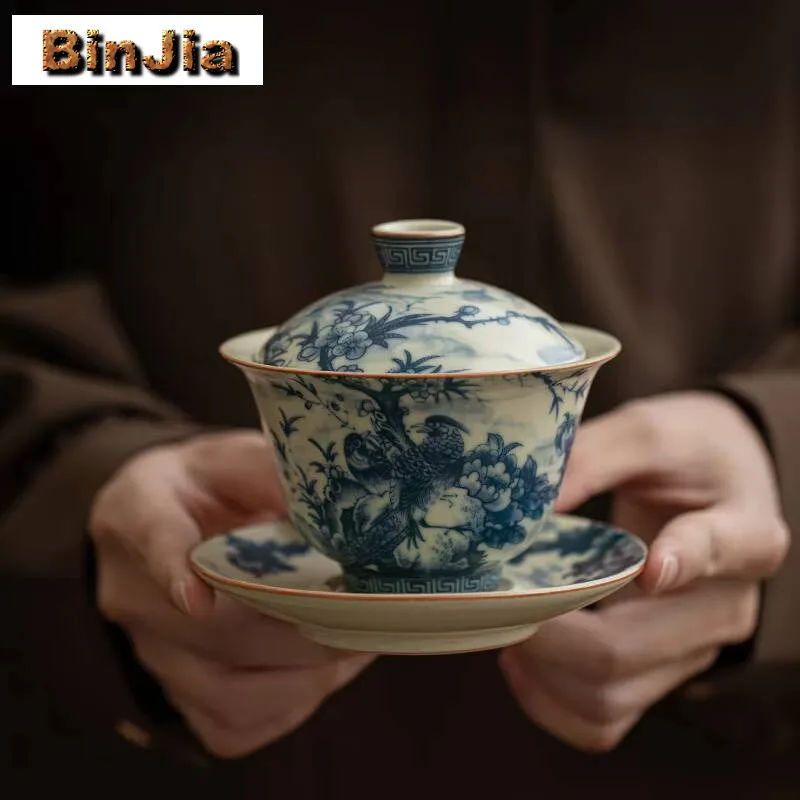 150 مللي العتيقة رو فرن الخزف Gaiwan الجمالية زهرة والطيور الحبر Sancai الشاي تورين صنع غطاء مجموعة أوعية جمع لوازم #1
