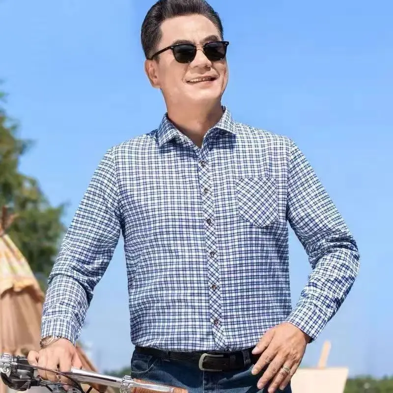 Spring Autumn Men's Thin Checked Long Sleeve Cotton Shirt Loose Casual Square Neck Plaid Pocket Shirts