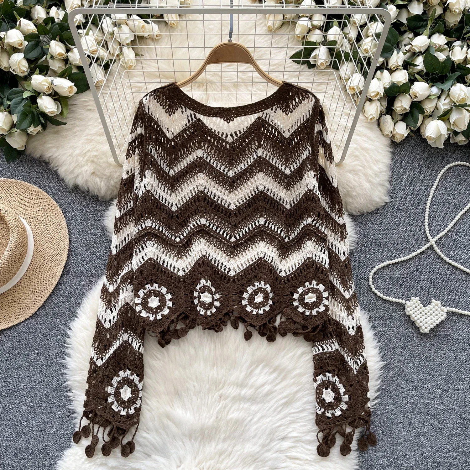 Elegant Hook Flower Hollow Out Sexy O-neck Basics Long Sleeve Chic Tassel Knit Top Women Slim High Street Autumn Winter Clothing