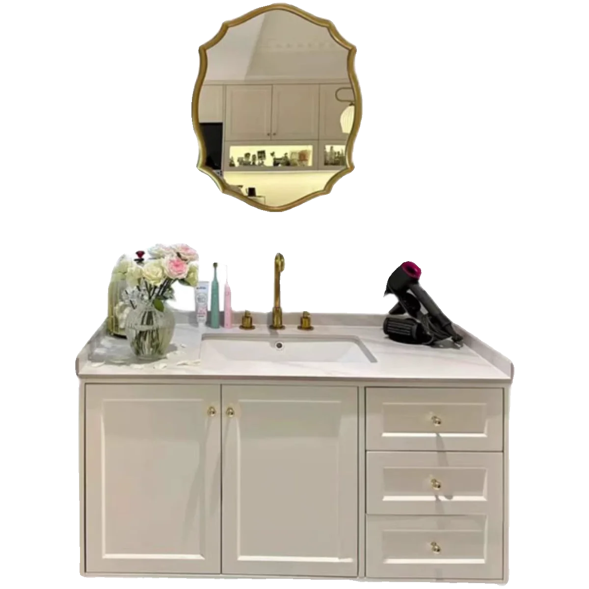 Armoire de salle de bain style crème rétro français, combinaison de lavabo en bois massif