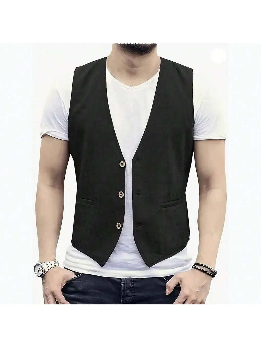 リネン男性ベスト結婚式新郎固体ベストレトロヴィンテージ宴会ジレ男性ベストスーツ