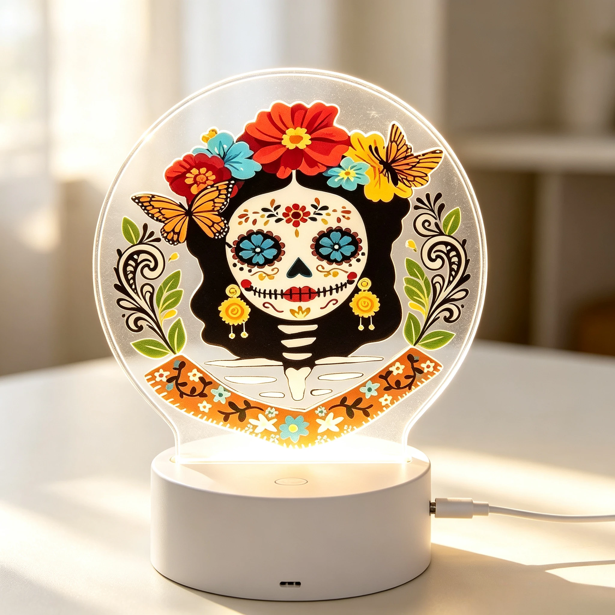 Colorful Flower Butterfly Sugar‑Skull Acrylic LED Light, Day‑of‑the‑Dead Home Ornament,Halloween Cultural Decor Gift