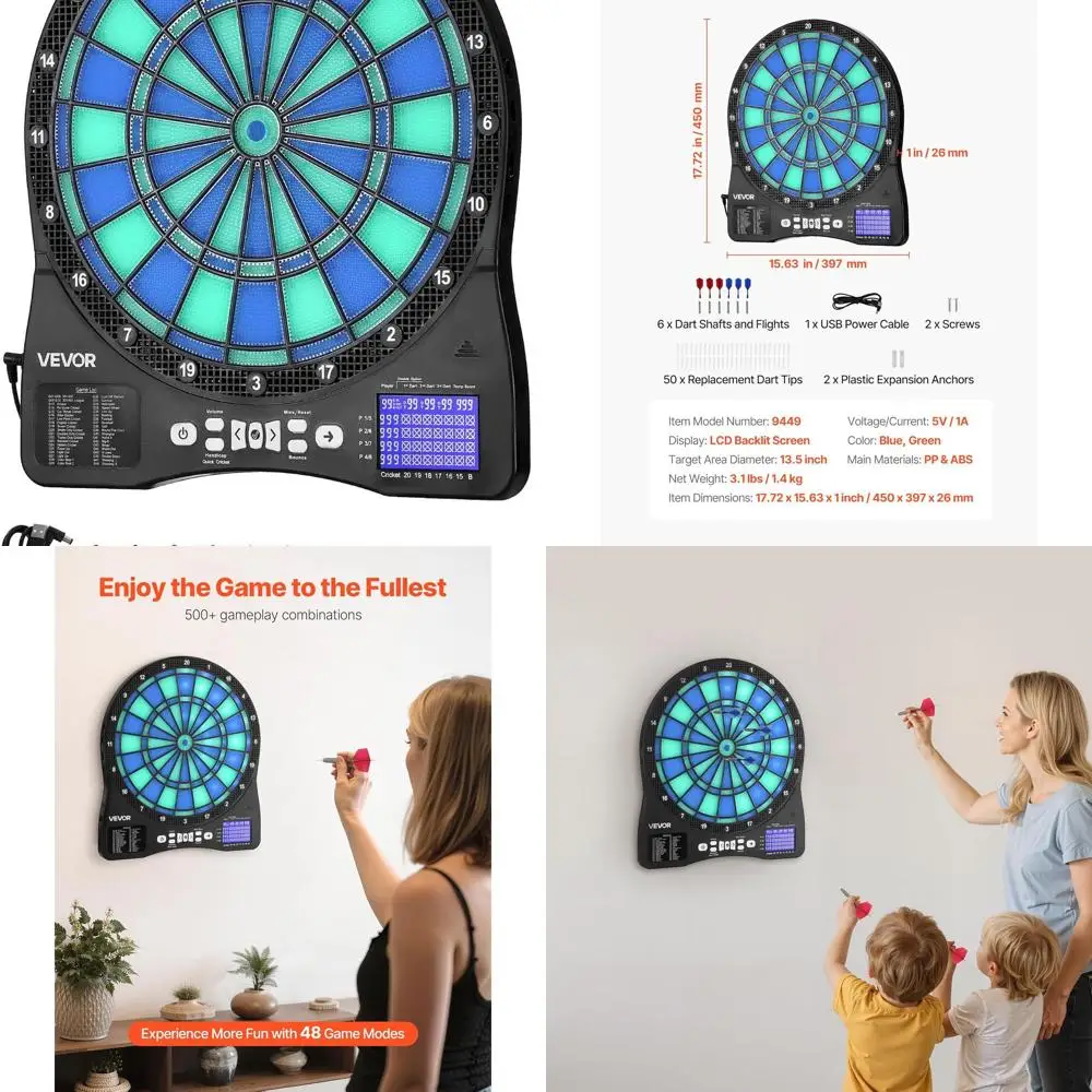 

LED-Lit Dartboard with 48 Games & 500+ Modes, 6 Darts & 50 Tips, Cricket Scoring, 8-Player Support