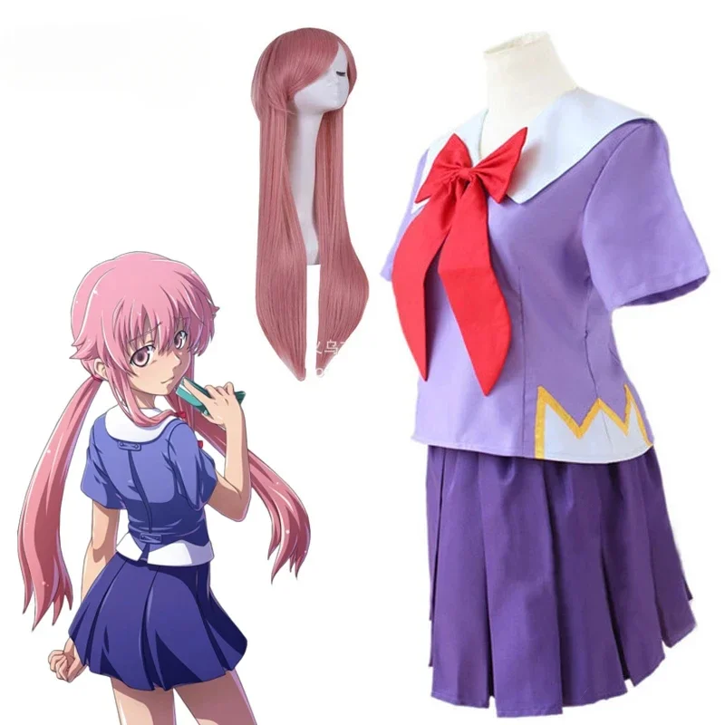 Anime 2nd Mirai Nikki Gasai Yuno Lolita Sailor Cosplay Costume Loli Bow Short Skirt Wig Length 80cm For Women