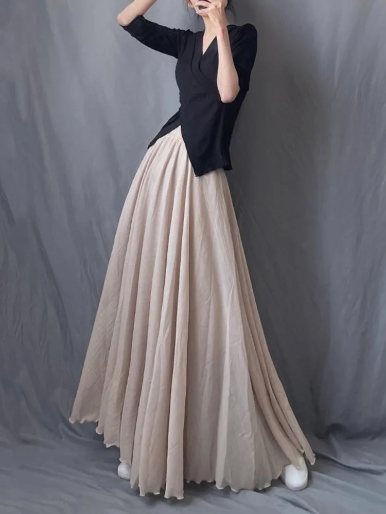 Cotton Linen Maxi Skirt Women Spring Summer Elastic Waist Vintage Solid Pleated Long Skirts Mori Girl Boho Beach Skirt