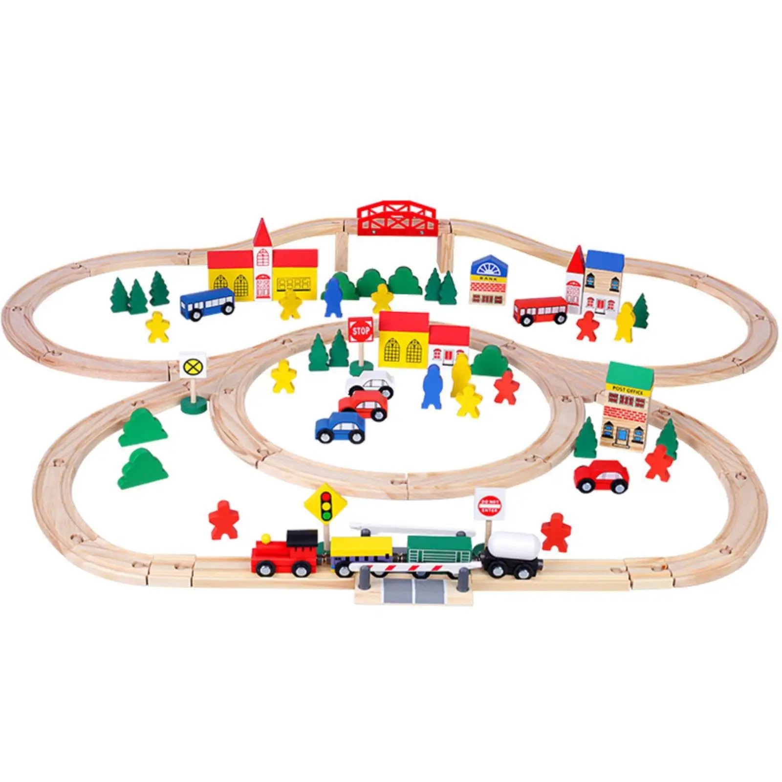 100 Piece Wooden Train Set Educational City Railway Toy Set Connection Townscape Building Blocks for Preschoolers, Young