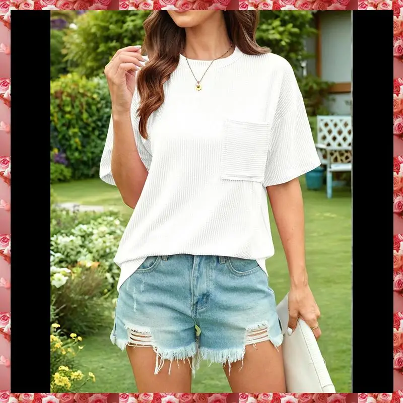 Dames zomertopjes met korte mouwen Oversized ronde hals Getextureerde blouse Casual Basic Tuniek T-shirt
