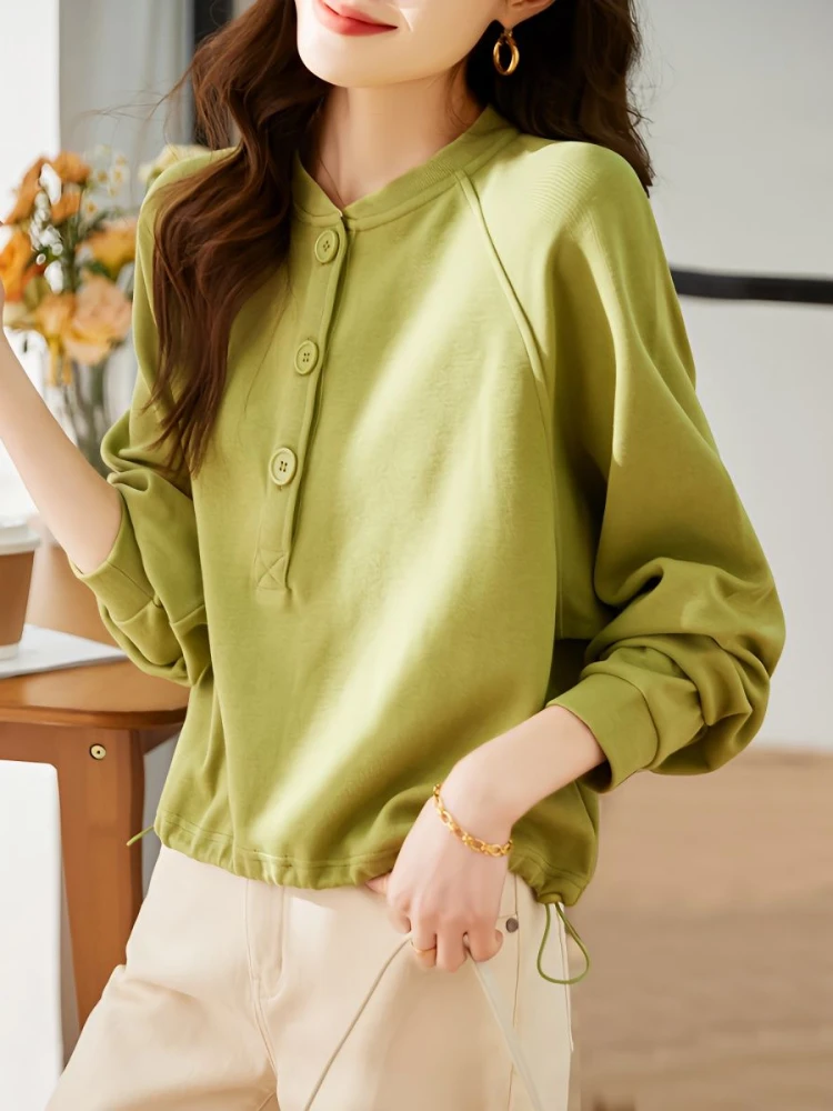 Knopf Frauen Sweatshirt Pullover grün Top lila schlichte Frau Kleidung koreanische Mode Basic auf Förderung ästhetische Anpassung e