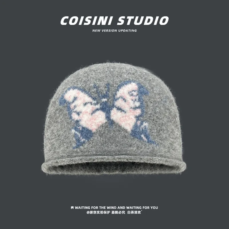 Japanische Schmetterlings-Jacquard-Strickmütze für Männer und Frauen, warme Ohrenschutz-Mütze mit gekräuseltem Rand für Herbst und Winter. – Detail 5