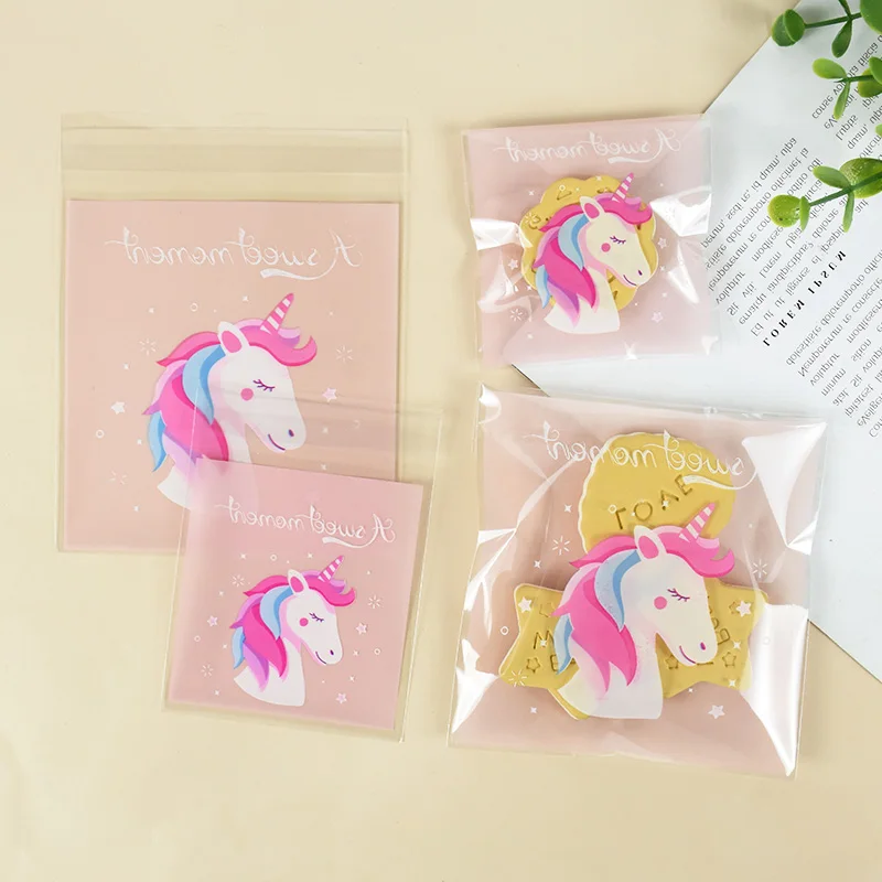 100Pcs 7x7cm/10x10cm  Unicorn Plastic Cookie Biscuits Candy Gift Packaging Bags for Kids Girl Birthday Party Baby Shower Pouch