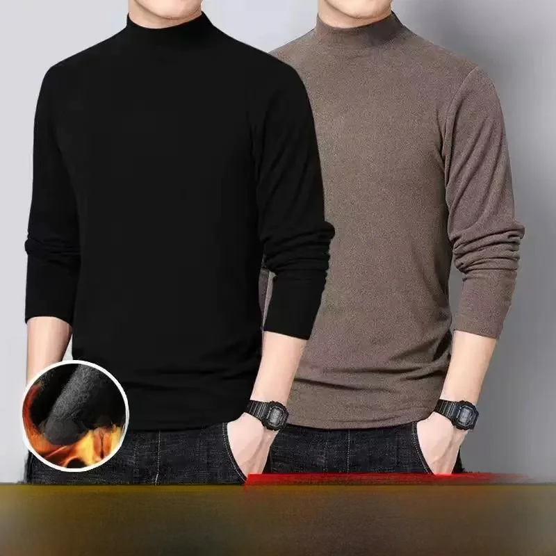 Thickened Fleece Warm Underwear T-shirt for Men Half High Collar Long Sleeve Casual Style Polyester Fiber Thermal Regulation