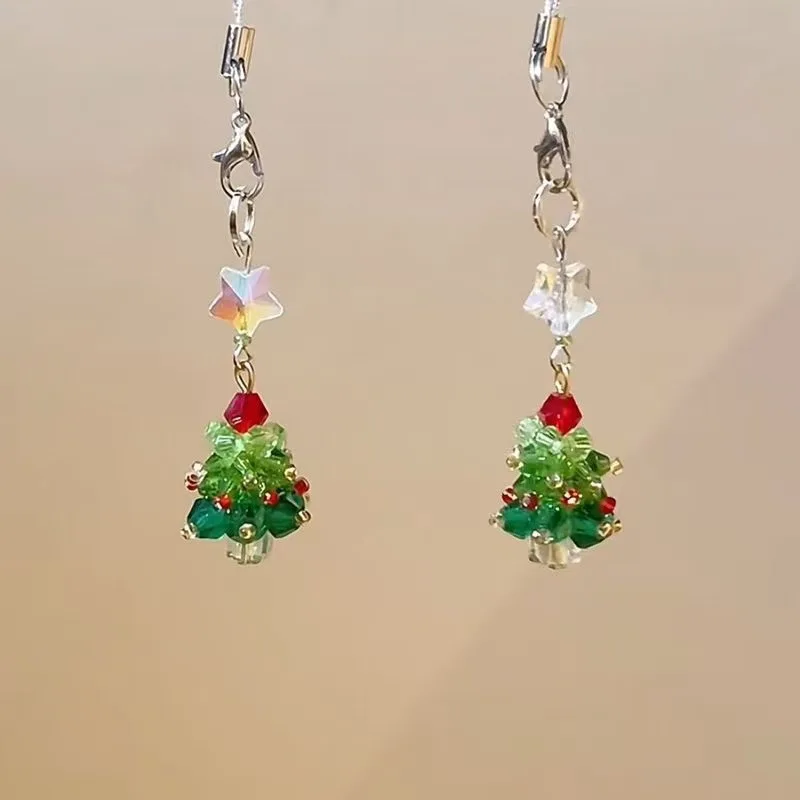 Creative Christmas Tree Mobile Phone Lanyard Pendant Crystal Beaded Christmas Atmosphere Key Bag Pendant Accessories Toy Gift