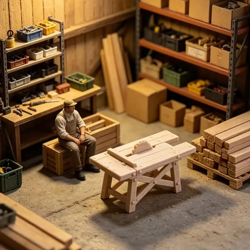 Miniature Saw Workbench Simulated Design Realistic Detail Mini Firewood Set Collectible Figurine for Micro Scene Layout
