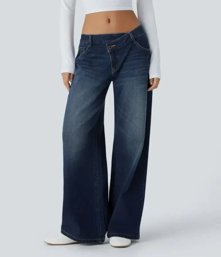 

Women Splice Casual Streetwear Denim Pant Jeans Solid Straight Pants Pockets Button Zipper Floor Length Trousers Spring 2026