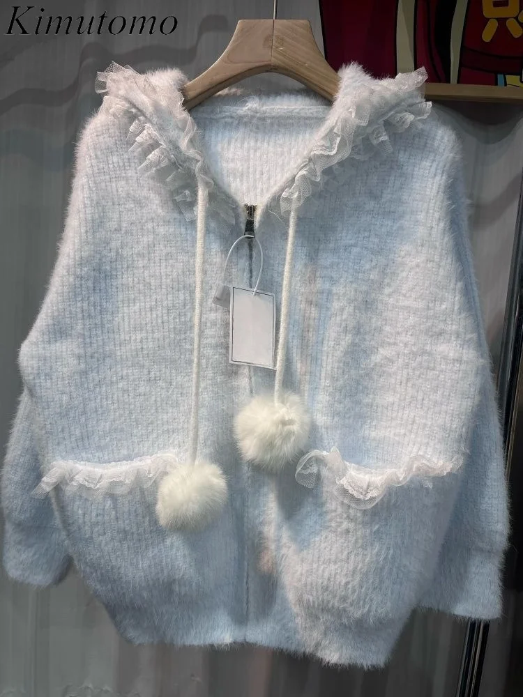 Kimutomo Women Sweater Hooded Furry Sweet Outwear Autumn New Fashion Knitted Cardigan Sweet Female Elegant Casual Tops
