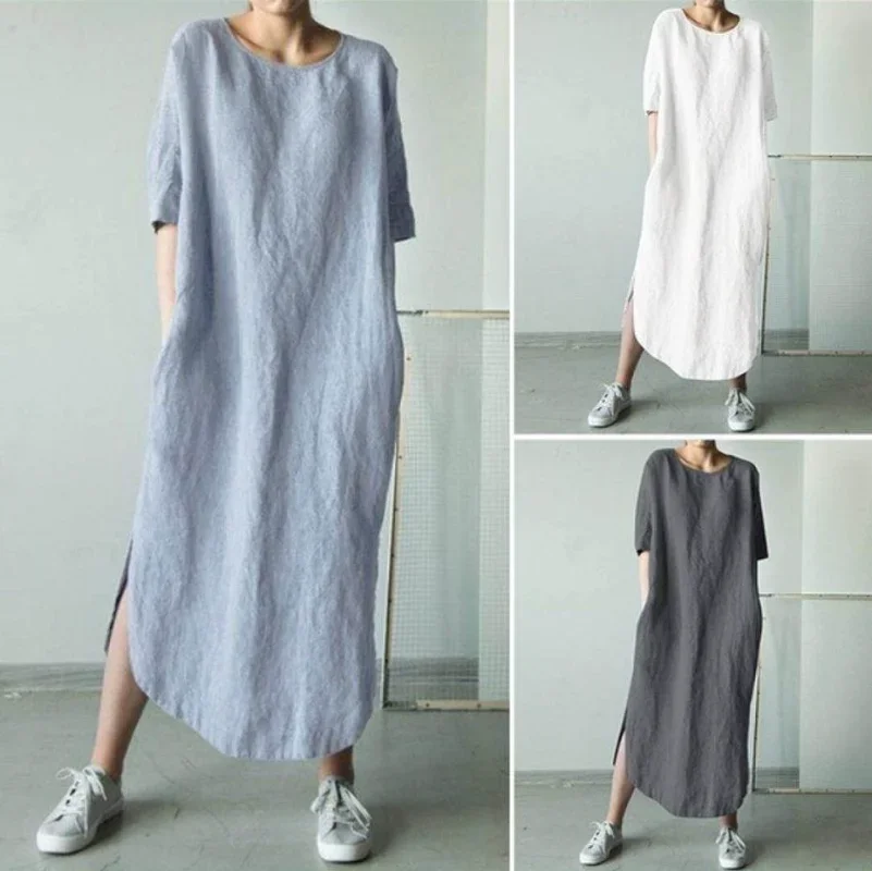 

Women Summer Maxi Dress Casual O-Neck Half Sleeve Loose Solid Midi Dresses Women Side Split Vestidos Ropa Mujer Kpop Y2k Dress