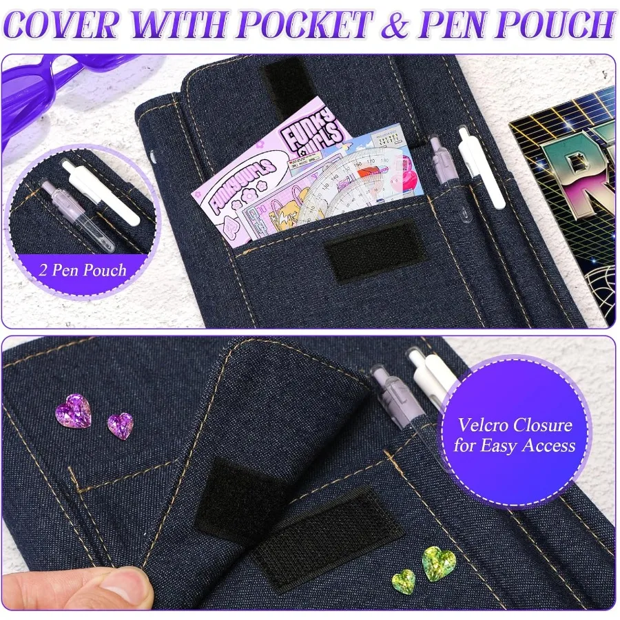 A5 Refillable Notebook Binder A5 Denim 6 Ring Binder Cover with 100 Sheet Filler Paper Y2K Persol Jourl Notebook for Girls n Sc