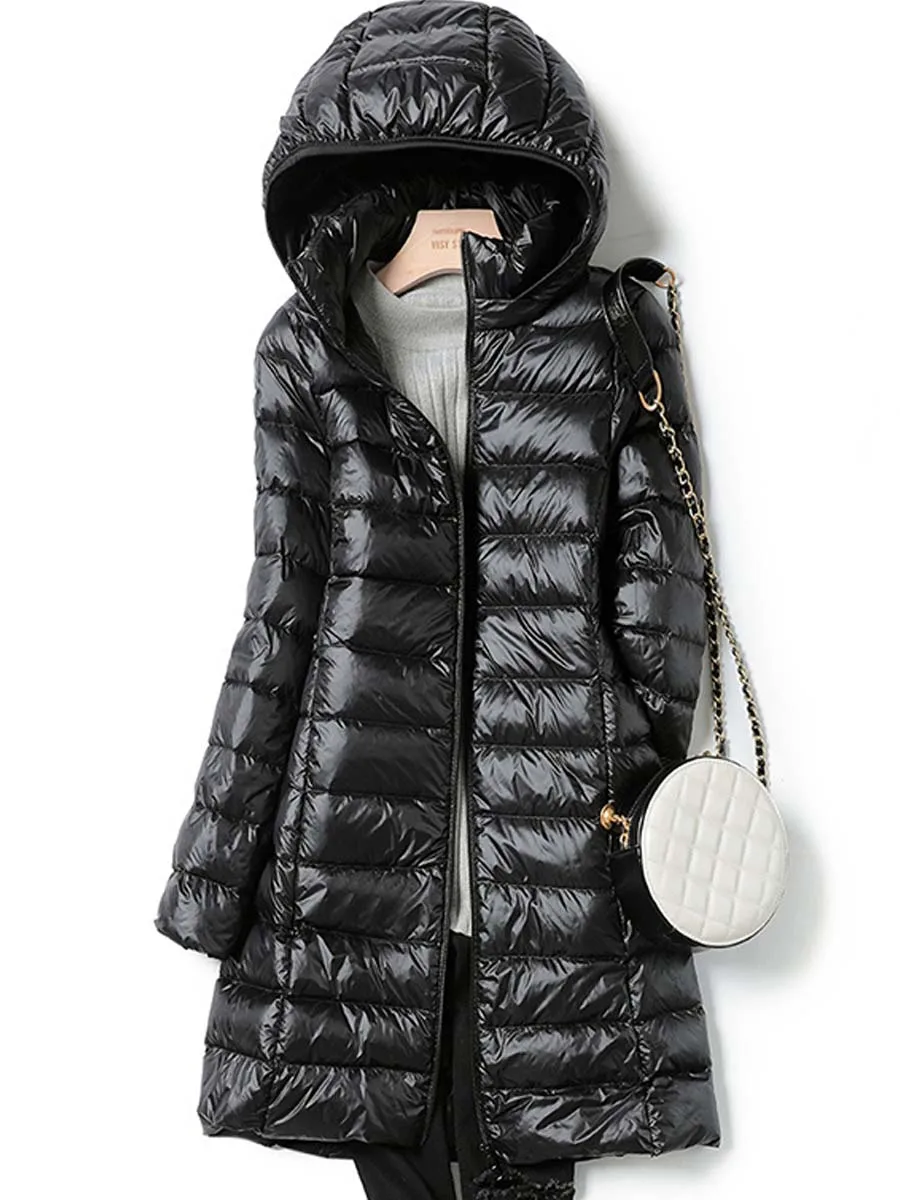 Long Down Jacket Women Casual Ultra Light Thin Puffer Coat Winter Elegant Fashion Hooded Jacket Lady Solid Down Parka Outerwear