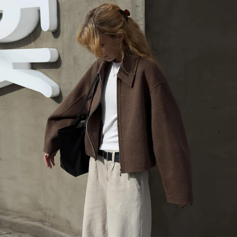 Übergroße Kurze Wolljacken für Damen mit Revers, Langen Ärmeln, Reißverschlusstaschen, Einfarbig, Locker Geschnitten, Schicke Herbst-Neuheiten Oberbekleidung – Detail 13