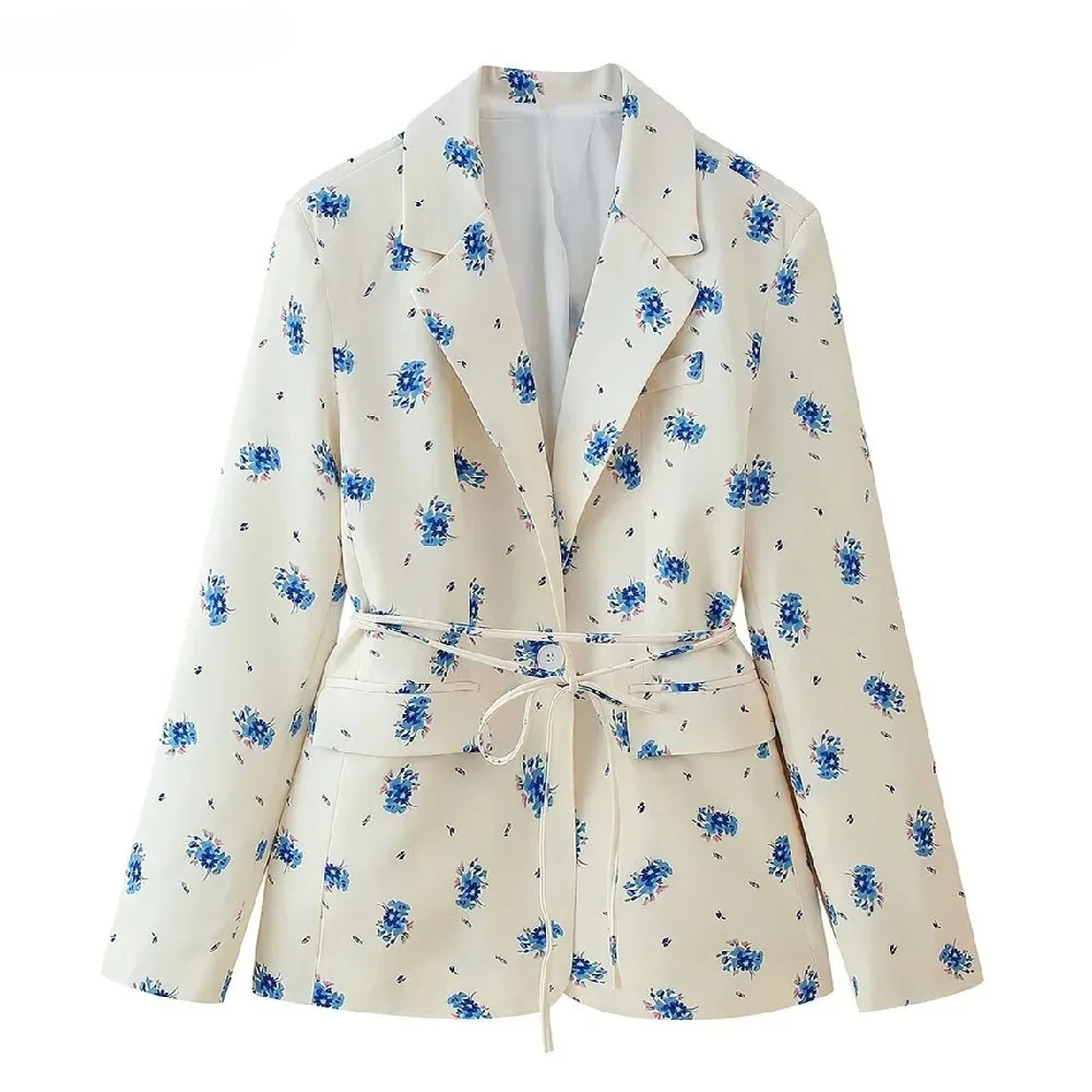 

2025 Spring Autumn Lacing Up Bow Sashes Beige Floral Print Blazer Boyfriend Vintage Women Front Pockets Loose Suit Fashion Coat