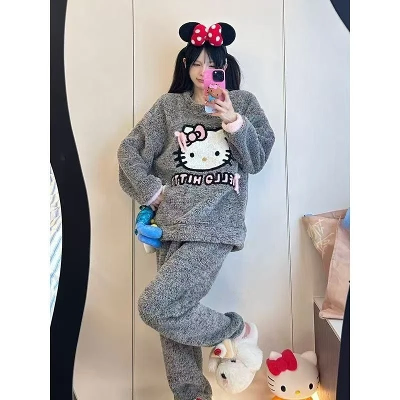

Hello Kitty Coral Fleece Pajama Set Women Plush Pullover Loungewear Winter Sweet Girl Home Wear Cozy Sleepwear Outfit