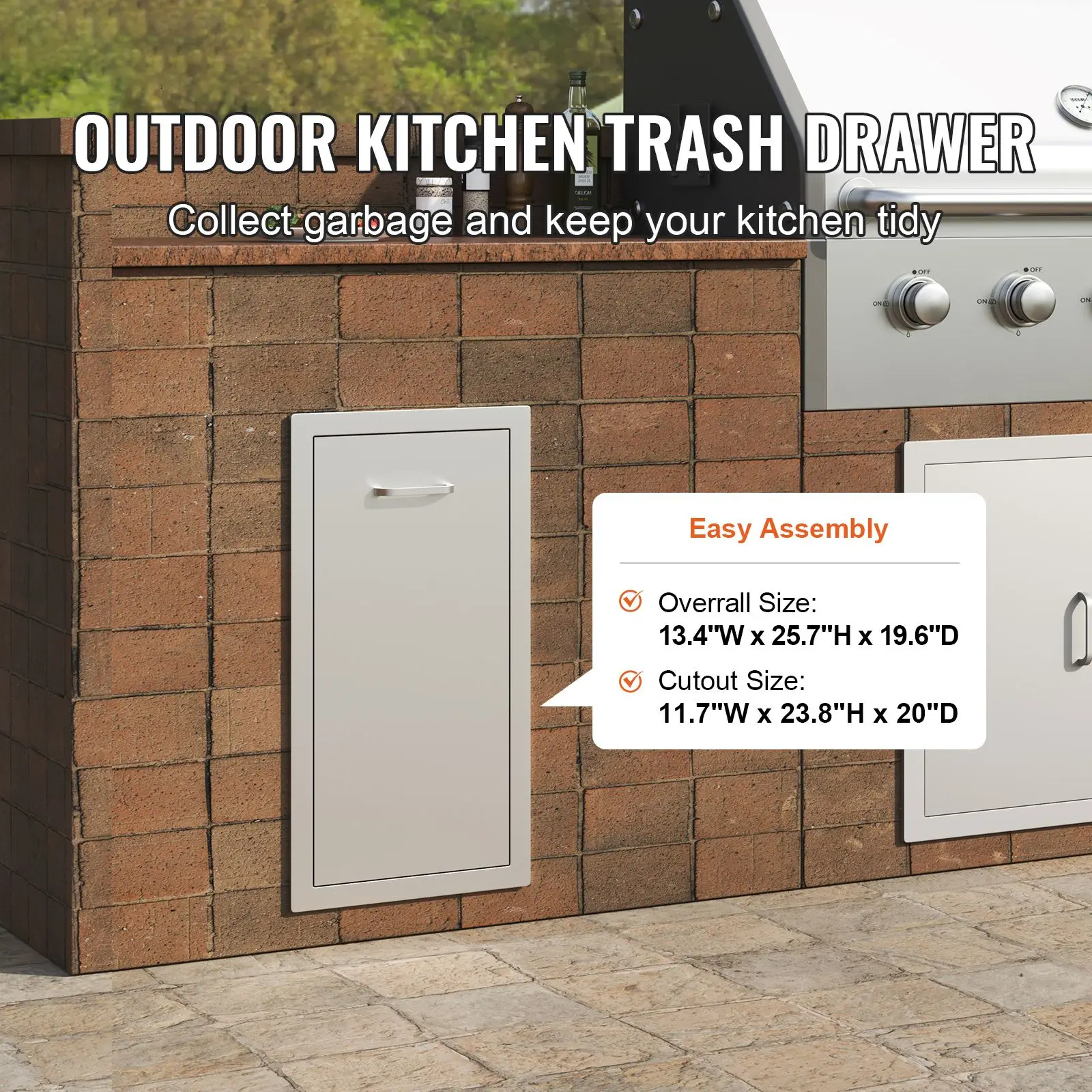 Pull Out Trash Drawer 13.6Wx26Hx19.3D Inch Lower Sliding Rails Stainless Steel Roll Out Trash Bin Pull Out Tray Outdoor Kitchen Trash Drawer with Handle for BBQ Island Grill Station No Trash Can