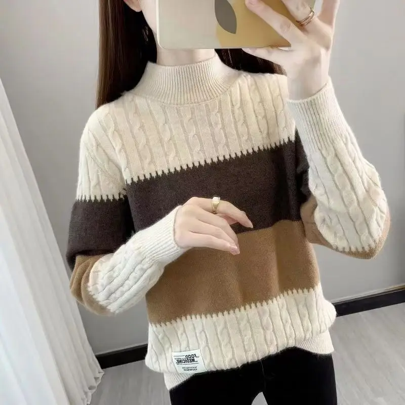 Autumn and Winter Women\'s Spliced Stripe Contrast Half High Collar Long Sleeve Sweaters Jumpers Fashion Casual Korean Tops