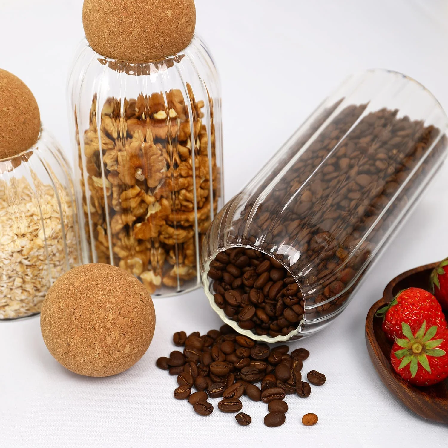 مجموعة جرة زجاجية خزان طعام مع سدادة خشبية محكمة الغلق لعلبة المطبخ - مثالية للدقيق والسكر والبسكويت والمكسرات والحلوى