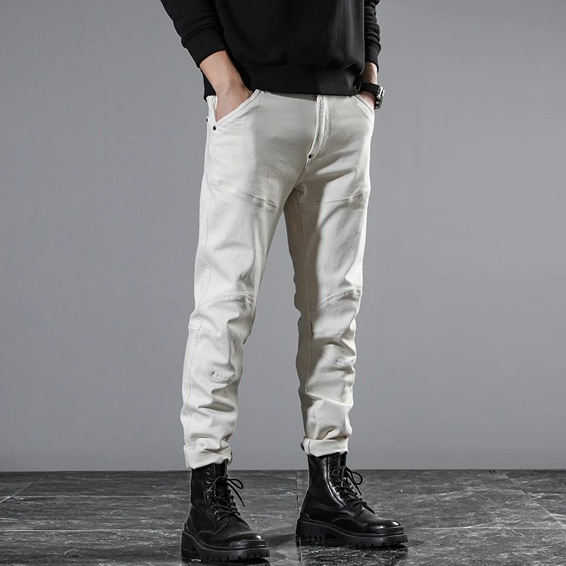 

JXNS80 New American high-end zip splicing jeans men white fashion casual Slim straight biker casual trousers