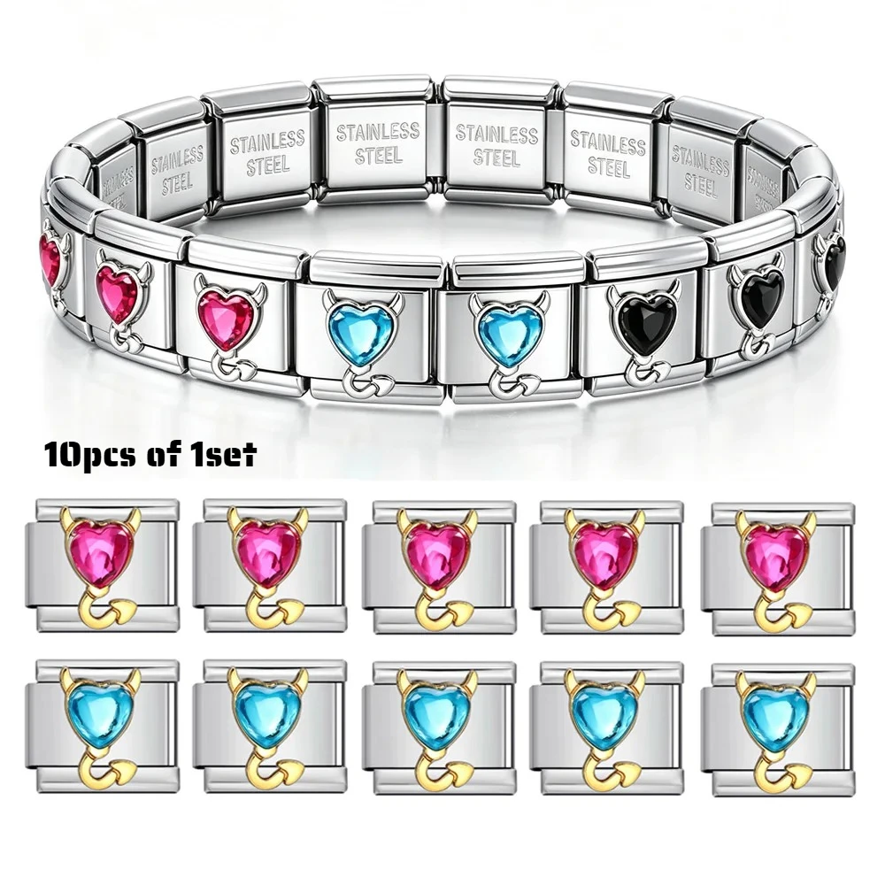 Wholesale 10Pcs Devil Horn Heart Crystal Italian Charm Links DIY Replacement Module 9mm Stainless Steel Bracelet Jewelry Making