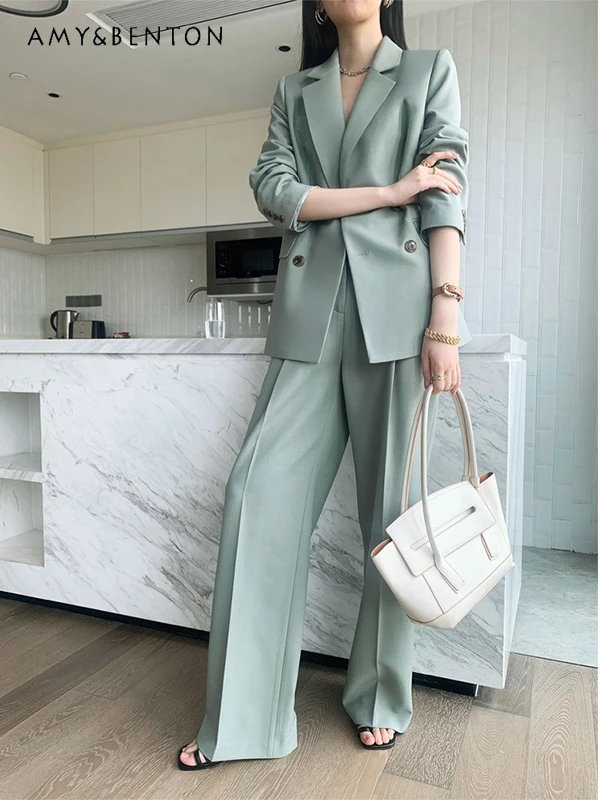 Commuter Style Temperament Suit Spring Autumn British Graceful Casual Fashion Blazer Wide Leg Pants 2 Piece Sets Womens Outfits