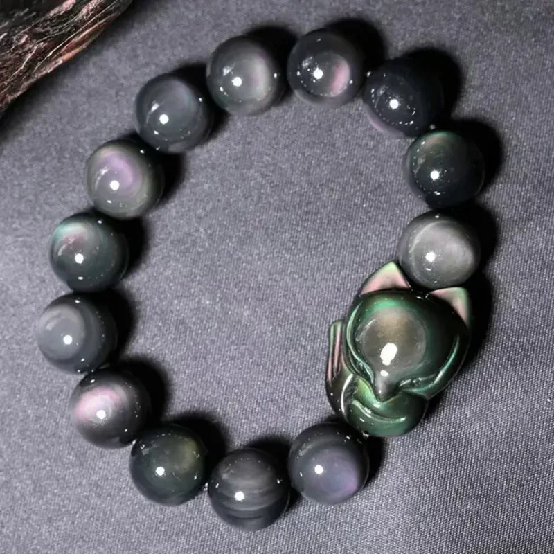 Natural obsidian Fox Bracelet Men Women healing gemstone fine jewelry genuine Rainbow black obsidian Celestial Eye Fox bracelets