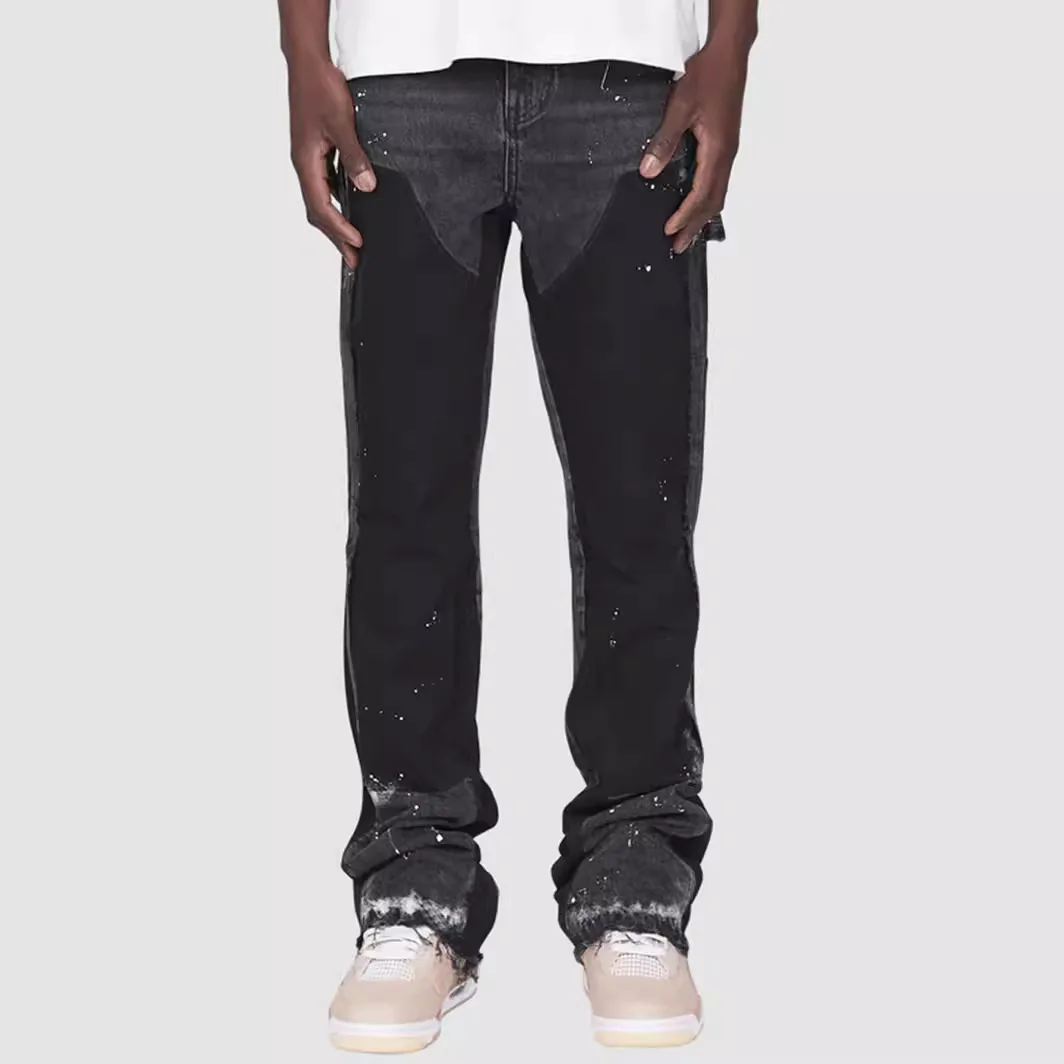 Mens Fashion Jeans Work Pants European American Style Workwear Elastic Patchwork Denim Layered Flared Pants S-XXL Streetwear