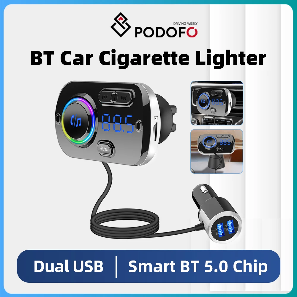 Podofo Wireless BT 5.0 Car FM Transmitter Dual Car Charger Fast Charging Wireless Connection Receiver Audio MP3 Player