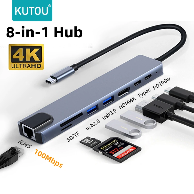 KUTOU USB C 8 In 1 Hub Type C Splitter 100W Quick Charge Docking Station Laptop Adapter for Macbook Air M1 iPad Pro RJ45 HDMI