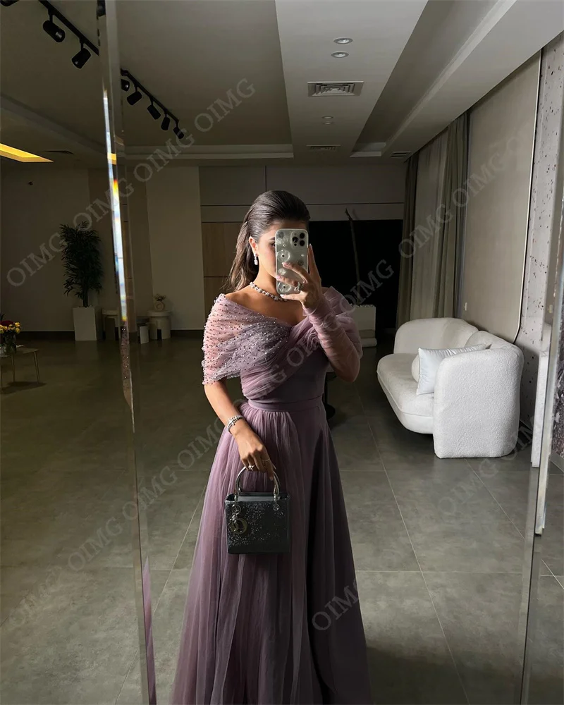 OIMG Dusty Purple Off The Shoulder Women Evening Party Dresses Shiny Floor Length A Line Arabic Female Prom Gown New 2023