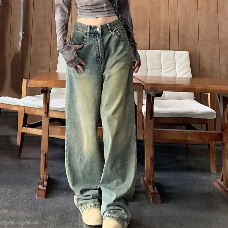 Lucyever Jeans dla kobiet Vintage Streetwear Baggy Y2K Denim Pants Damskie spodnie jeansowe All-Match High Waist Straight Washed Jean Trousers